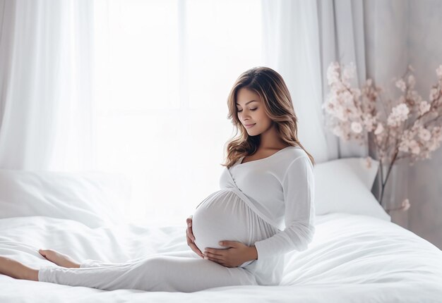 Foto einer süßen und glücklichen schwangeren Mutter, die ihren Bauch berührt