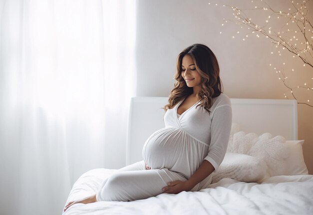 Foto einer süßen und glücklichen schwangeren Mutter, die ihren Bauch berührt