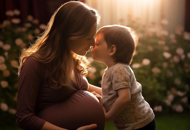 Foto einer süßen und glücklichen schwangeren Mutter, die ihren Bauch berührt
