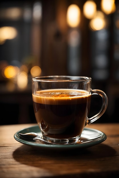 Foto einer Tasse Kaffee auf einem Holztisch im Café-Hintergrund