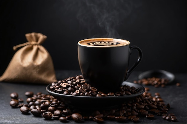 Foto einer Tasse Kaffee und einer Tüte Kaffeebohnen auf dem Tisch 8