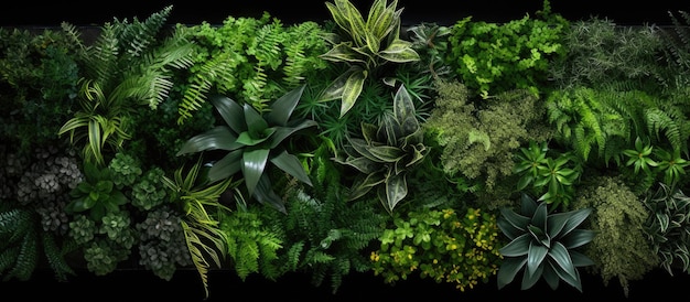 Foto einer üppig grünen lebenden Wand, die mit einer Vielzahl von blühenden Pflanzen gefüllt ist, mit Kopierplatz