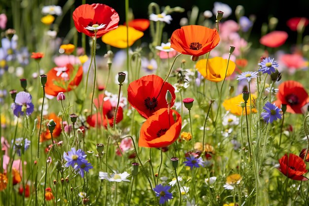 Foto foto einer üppig grünen wiese mit bunten wildblumen