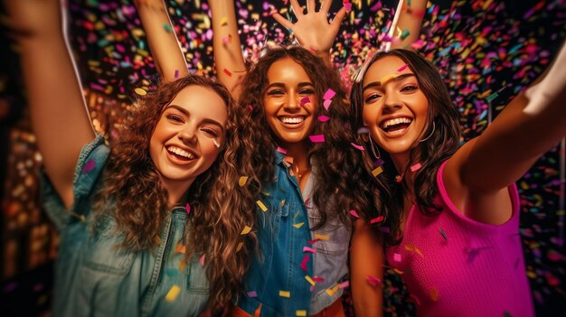 Foto einer unbeschwerten Damenfreundschaft mit Firmenfestfreunden in einer neonmodernen Disco mit fliegenden Konfetti-Händen