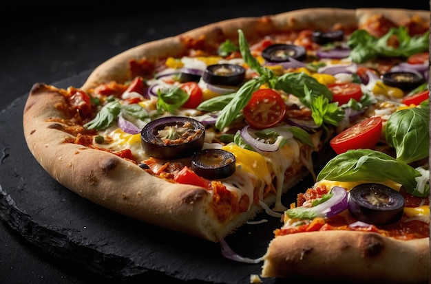Foto einer Veggie Delight Fiesta Pizza auf einer schwarzen Oberfläche