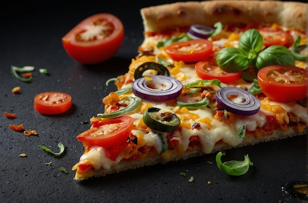 Foto einer Veggie Delight Fiesta Pizza auf einer schwarzen Oberfläche