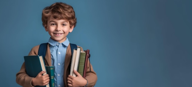 Foto einer Veranstaltung zum Schulanfang mit einem lächelnden Jungen mit blauem Hintergrund und von Ai generiertem Kopierraum