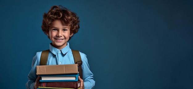 Foto einer Veranstaltung zum Schulanfang mit einem lächelnden Jungen mit blauem Hintergrund und von Ai generiertem Kopierraum