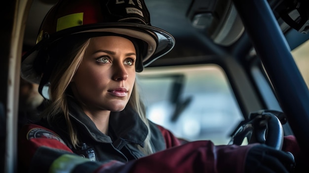 Foto einer weiblichen Feuerwehrmannin im Feuerwehrwagen