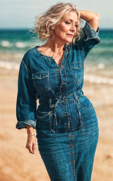 Foto einer weißen alten amerikanischen Frau mittleren Alters in einem Kleid am Sandstrand generative KI