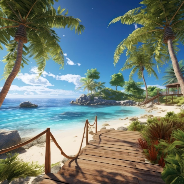 Foto einer wunderschönen sonnigen Paradies-Resort-Landschaft mit türkisfarbenem Ozean, Meer, Sonne, Sand und Strandpalmen