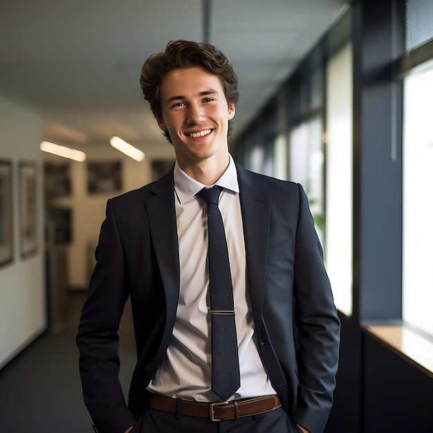 Foto eines 25-jährigen deutschen Geschäftsmannes, der mit braunem Haar am ganzen Körper lächelt und im Büro steht