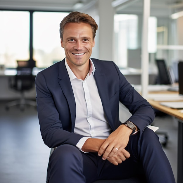 Foto eines 40-jährigen deutschen Geschäftsmannes, der mit braunem Haar am ganzen Körper lächelt und im Büro sitzt