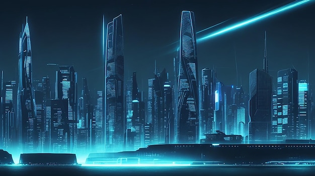 Foto eines abstrakten futuristischen Hintergrunds mit blauen Neonlichtstrahlen, die vom Wasser reflektiert werden