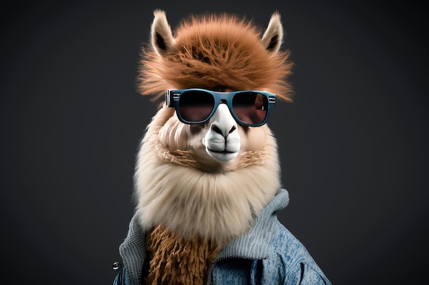 Foto eines als Mensch gekleideten Alpakas mit Sonnenbrille, generativer KI