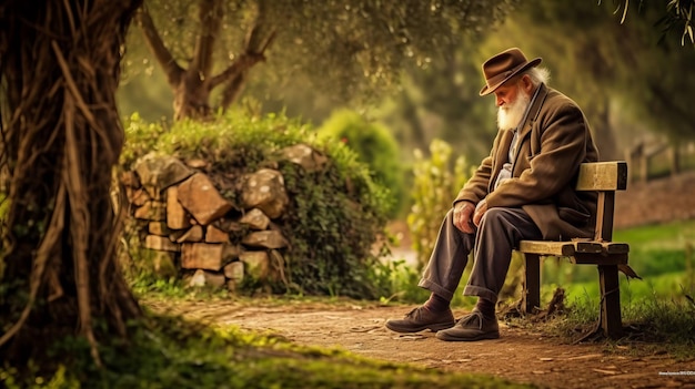 Foto eines alten Mannes, der an der Bank ruht