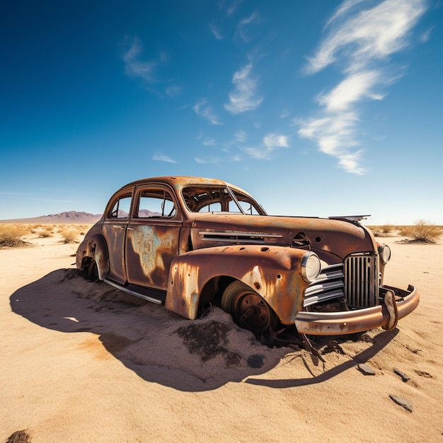 Foto eines alten, rostigen Autos in der Wüste