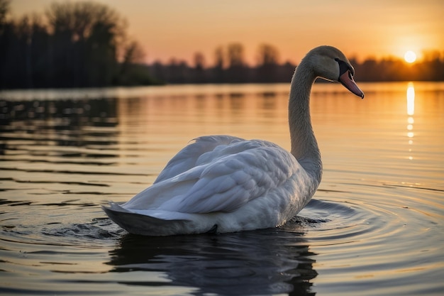 Foto eines anmutigen Schwanes auf einem ruhigen See bei Sonnenuntergang