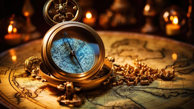 Foto eines antiken Kompasses, der auf alten Karten liegt, die Atmosphäre von Reisen und Abenteuern erzeugt