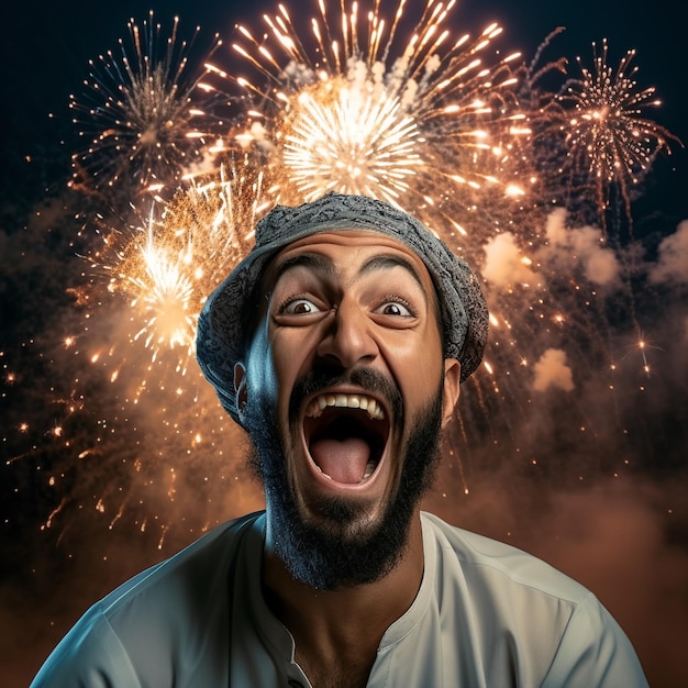 Foto eines arabischen Mannes, der vor einem Feuerwerk lächelt