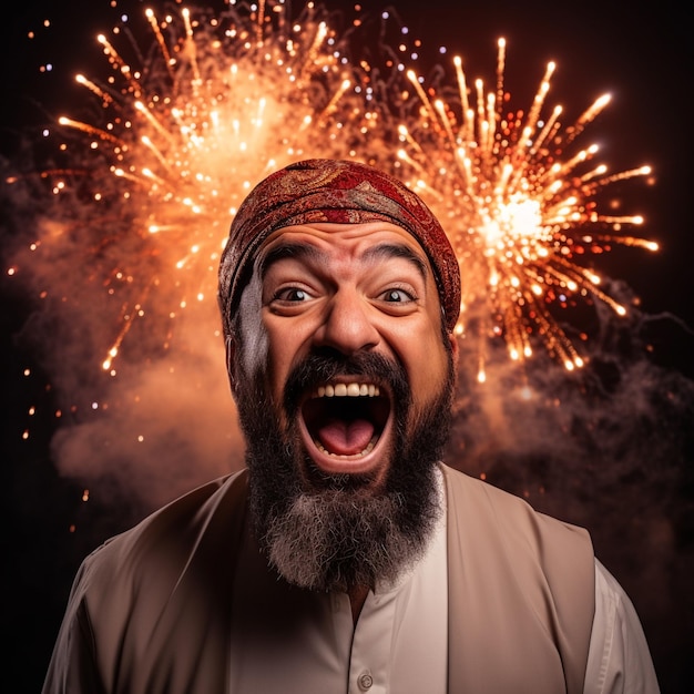 Foto eines arabischen Mannes, der vor einem Feuerwerk lächelt