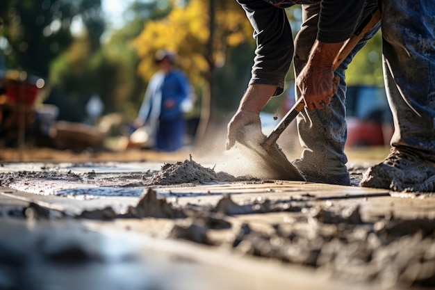 Foto eines Arbeiters, der Zement ebnet