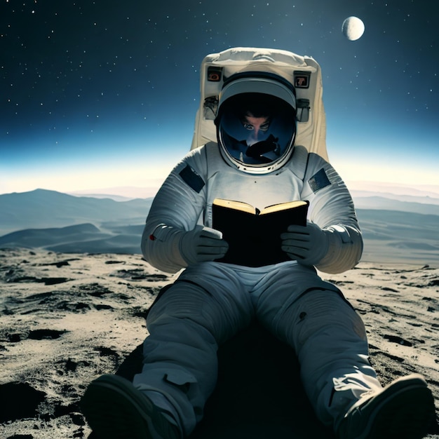 Foto eines Astronauten, der ein Buch über generative Weltraum-KI liest