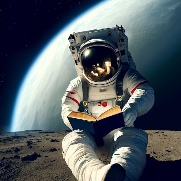 Foto eines Astronauten, der ein Buch über generative Weltraum-KI liest