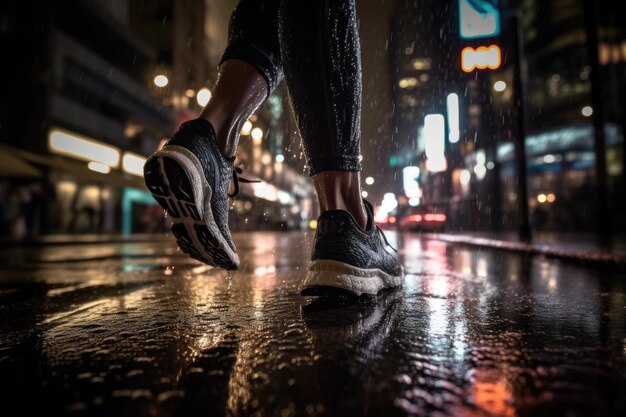 Foto eines Athleten, der nachts vor Bokeh-Lichtern in der Stadt joggt Generative KI