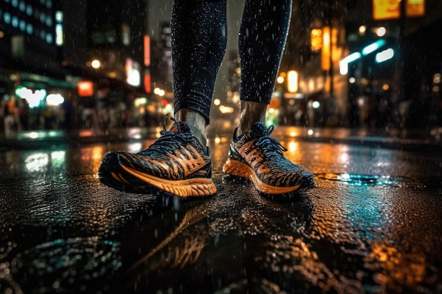 Foto eines Athleten, der nachts vor Bokeh-Lichtern in der Stadt joggt Generative KI