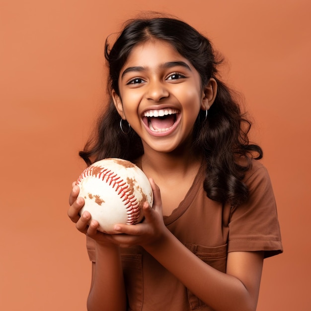 Foto eines aufgeregten indischen Mädchens, das einen Ball hält