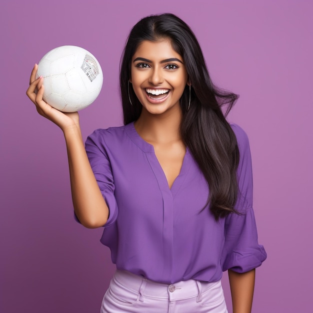Foto eines aufgeregten indischen Mädchens, das einen Ball hält