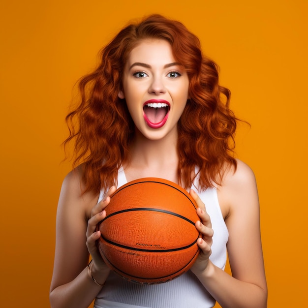 Foto eines aufgeregten Mädchens mit roten Haaren, das einen Basketballball hält