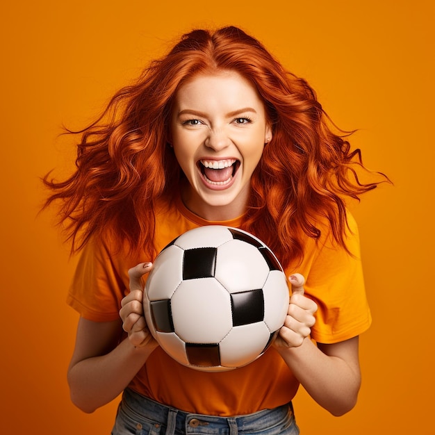Foto eines aufgeregten Mädchens mit roten Haaren, das einen Volleyballball hält