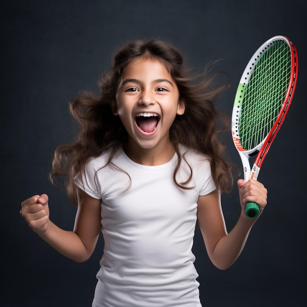 Foto eines aufgeregten mexikanischen Mädchens, das einen Tennisschläger hält