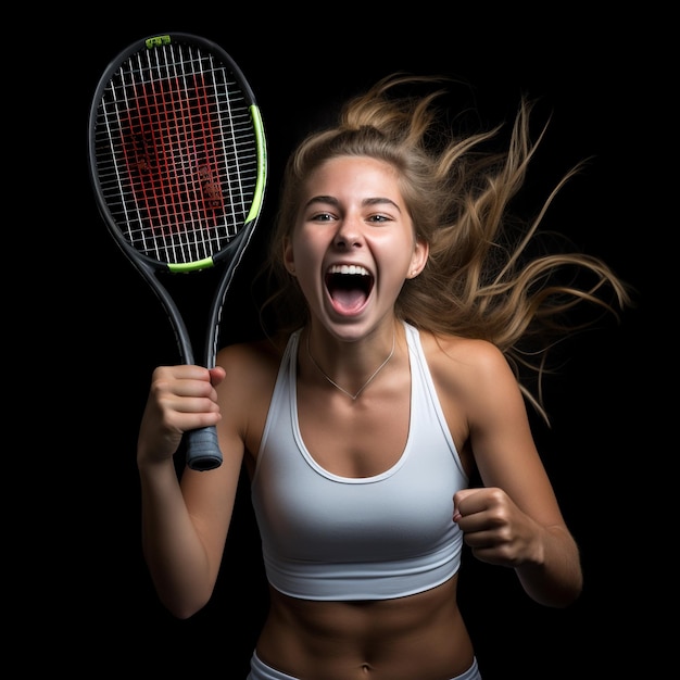 Foto eines aufgeregten Sportmädchens, das einen Tennisschläger hält