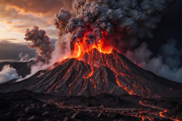 Foto eines ausbrechenden Vulkans, der heißen Dampf aus Lava und Magma freisetzt 11