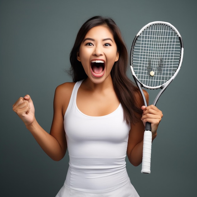 Foto eines ausgetretenen asiatischen Mädchens mit einem Tennisschläger