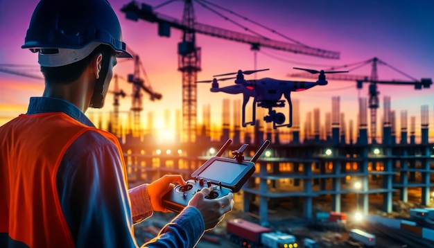 Foto eines Bauingenieurs, der eine Drohne gegen den Hintergrund von Kränen und Sonnenuntergang betreibt