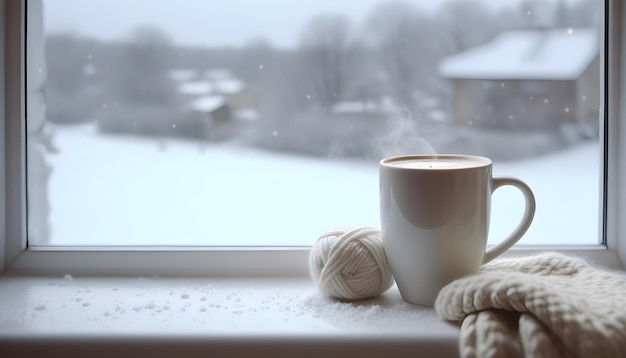 Foto eines Bechers mit heißem Kaffee und Wollstrickwerk auf dem Fensterbrett gegen die Schneelandschaft von außen