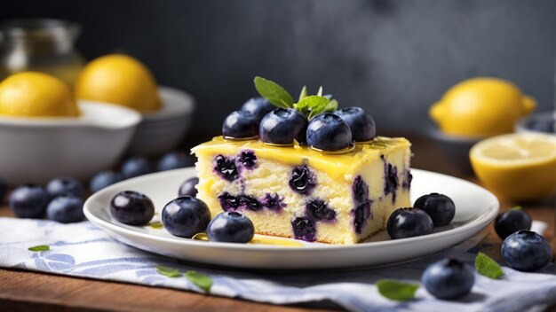 Foto eines Blueberry-Zitronenkuchens, der auf einer hölzernen Tischplatte gegen einen sauberen weißen Teller ausgestellt ist