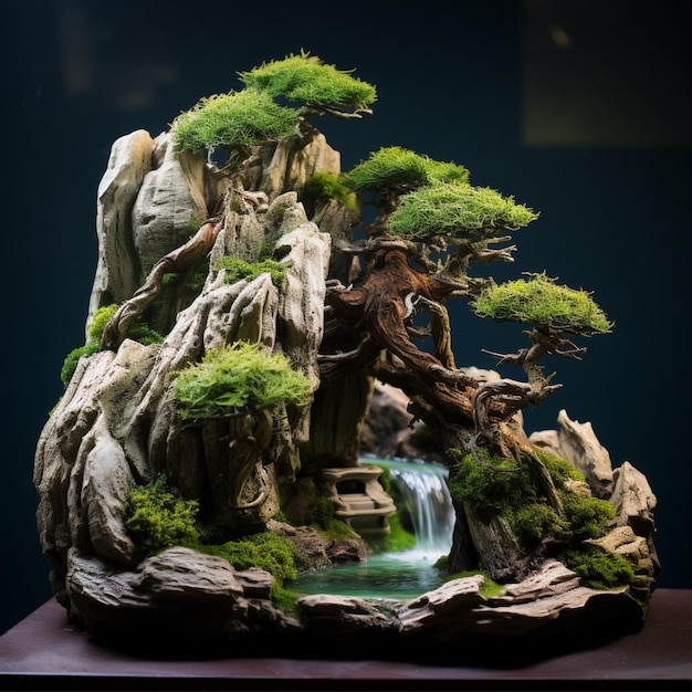 Foto eines Bonsai-Baumes im Wasserfallstil, der zwischen den Felsen lebt