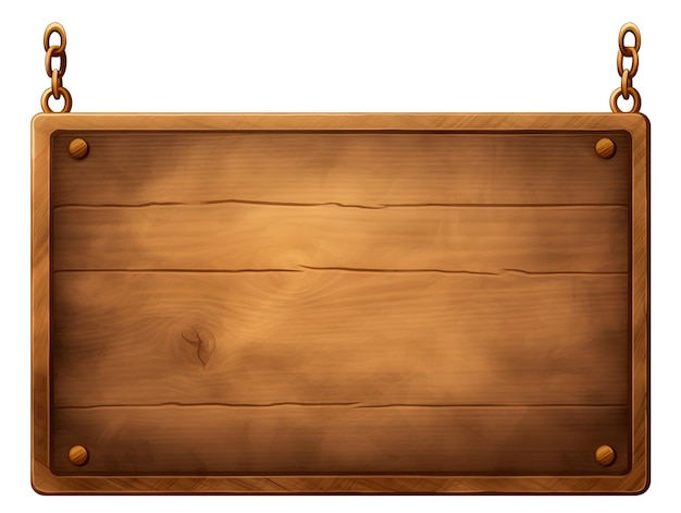 Foto eines braunen Holzschildes, das auf einem weißen Hintergrund hängt