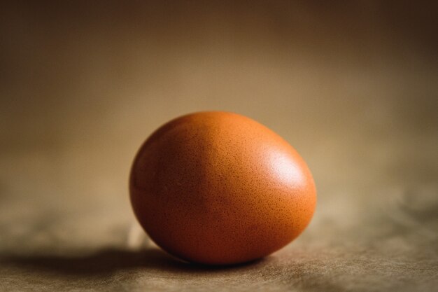 Foto eines braunen Hühnerei auf braunem Hintergrund.
