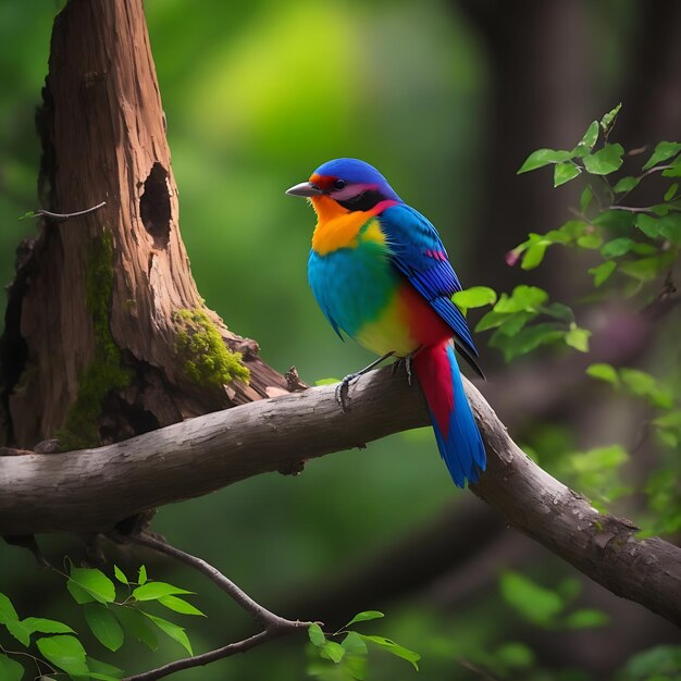 Foto eines bunten Vogels, der auf einem Ast im Wald sitzt, wurde von der KI generiert