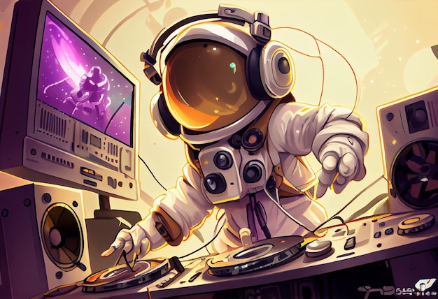 Foto eines Cartoon-Raumfahrers, der als DJ auflegt und „Generate Ai“ spielt