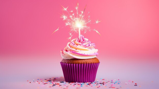 Foto eines Cupcakes in Regenbogenfarbe mit Wunderkerze isoliert auf pastellrosa Hintergrund mit Kopierraum