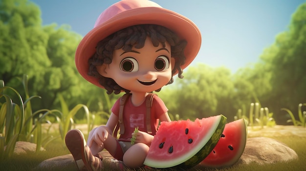 Foto eines D-Charakters, der ein Stück Wassermelone bei einem Sommerpicknick hält