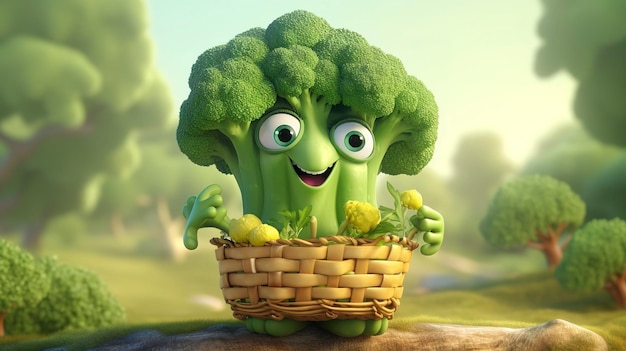 Foto eines D-Charakters, der einen Korb frisch geernter Brokkoli hält