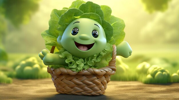 Foto eines D-Charakters, der einen Korb mit frischem knusprigen Salat hält